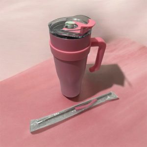 Copo Térmico Inox 1,2l Com Tampa E Canudo E Alça. Rosa Bebê Lisa