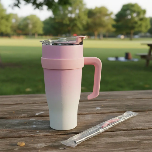Copo Térmico Inox 1,2l Com Tampa E Canudo E Alça. Rosa C/ Branco Lisa